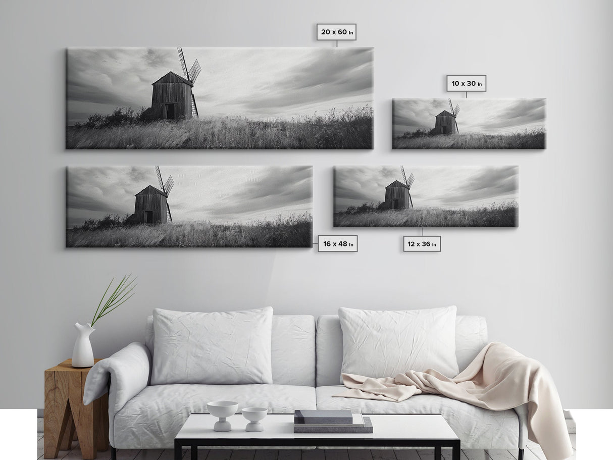 Rustic Windmill, panoramic art, farmhouse art, extra wide wall art, windmill wall art, landscape painting, framed canvas print