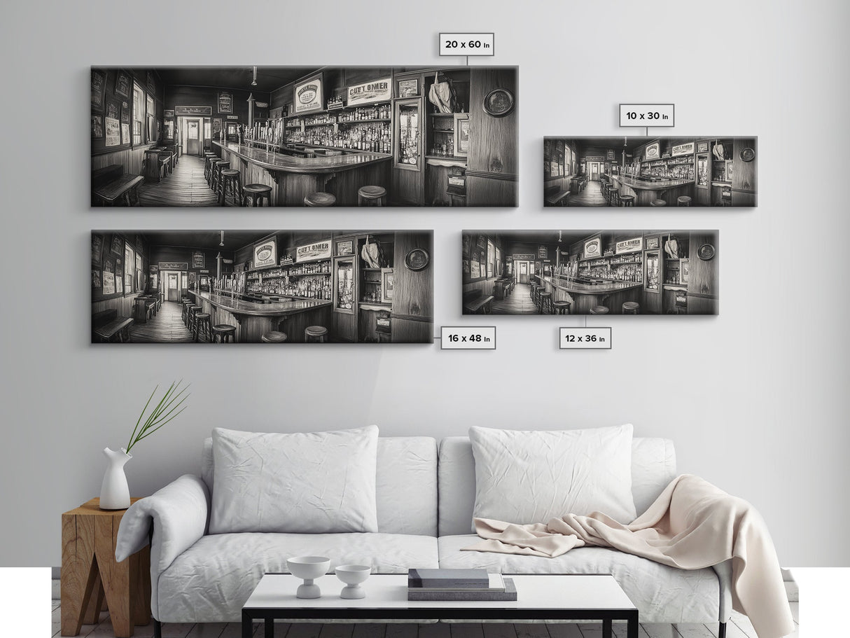 Western Saloon, rustic wall art, extra wide art, panoramic art, farmhouse art, bar decor, moody art, framed canvas print, above sofa art
