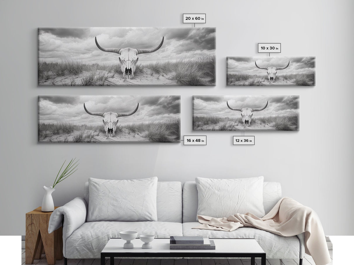 Longhorn Skull, skull art, western wall art, rustic decor, moody art, desert painting, farmhouse art, panoramic art, framed canvas print