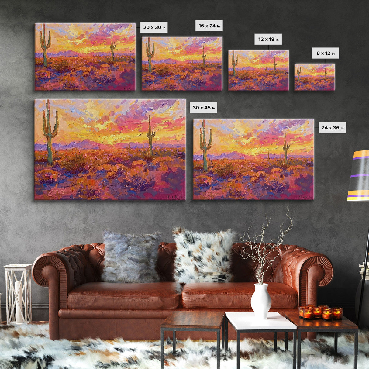 Desert Cactus Sunset Painting Framed Canvas Print, Western Decor, Southwest Wall Art, Arizona Painting, Landscape Painting, Farmhouse Decor