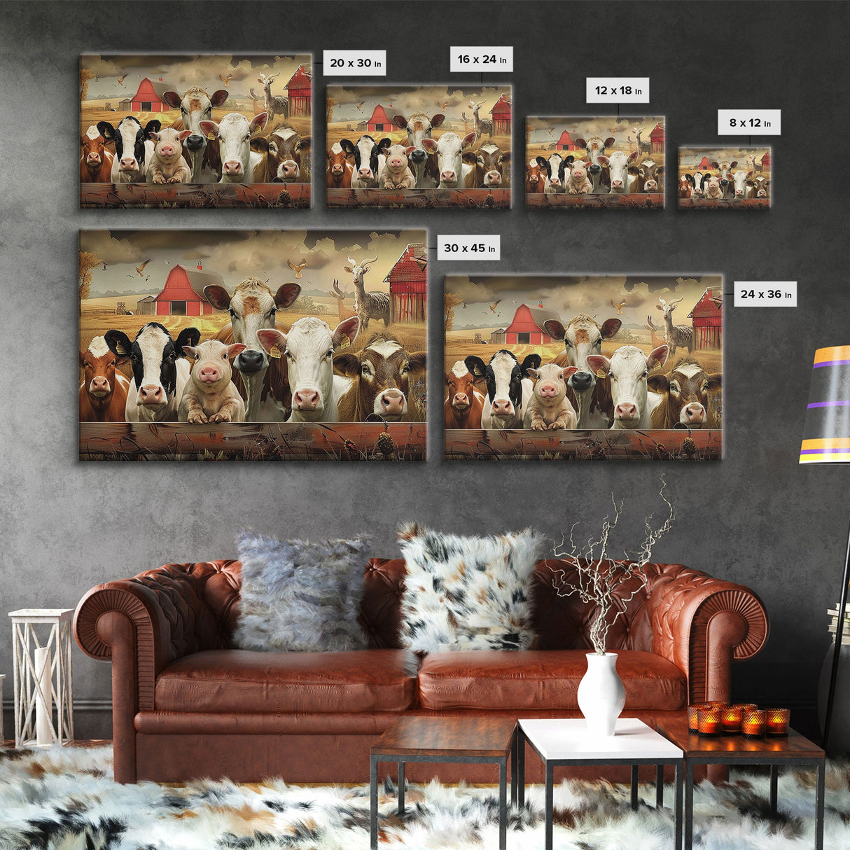 Farm Animals On The Fence, Framed Canvas Print, Cute Animal Decor, Bathroom Wall Art, Illustration, Home Decor