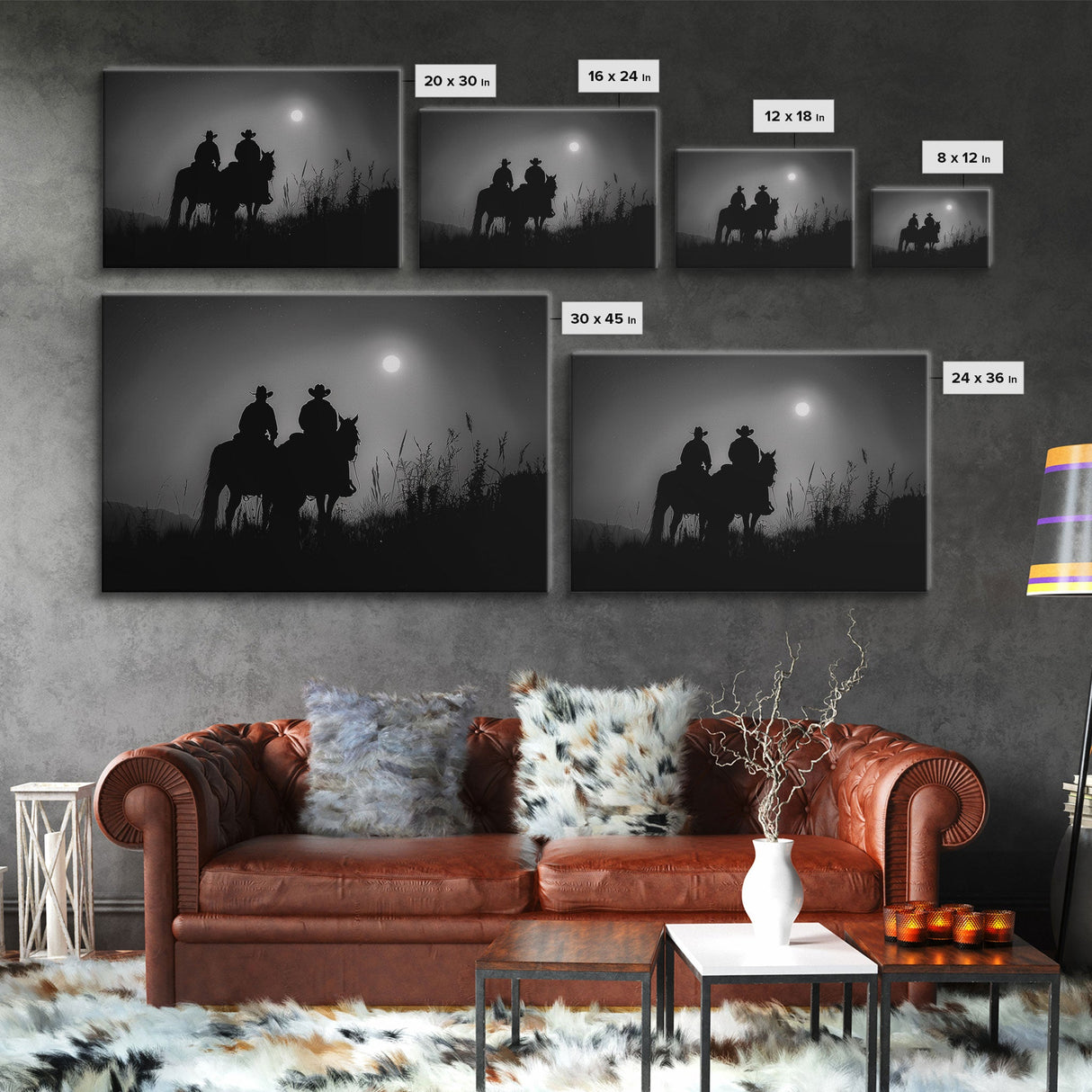 Cowboys Under A Full Moon, Framed Canvas Print, Black and White Western Photography, Wild West Art, Western Decor, Farmhouse Country Art