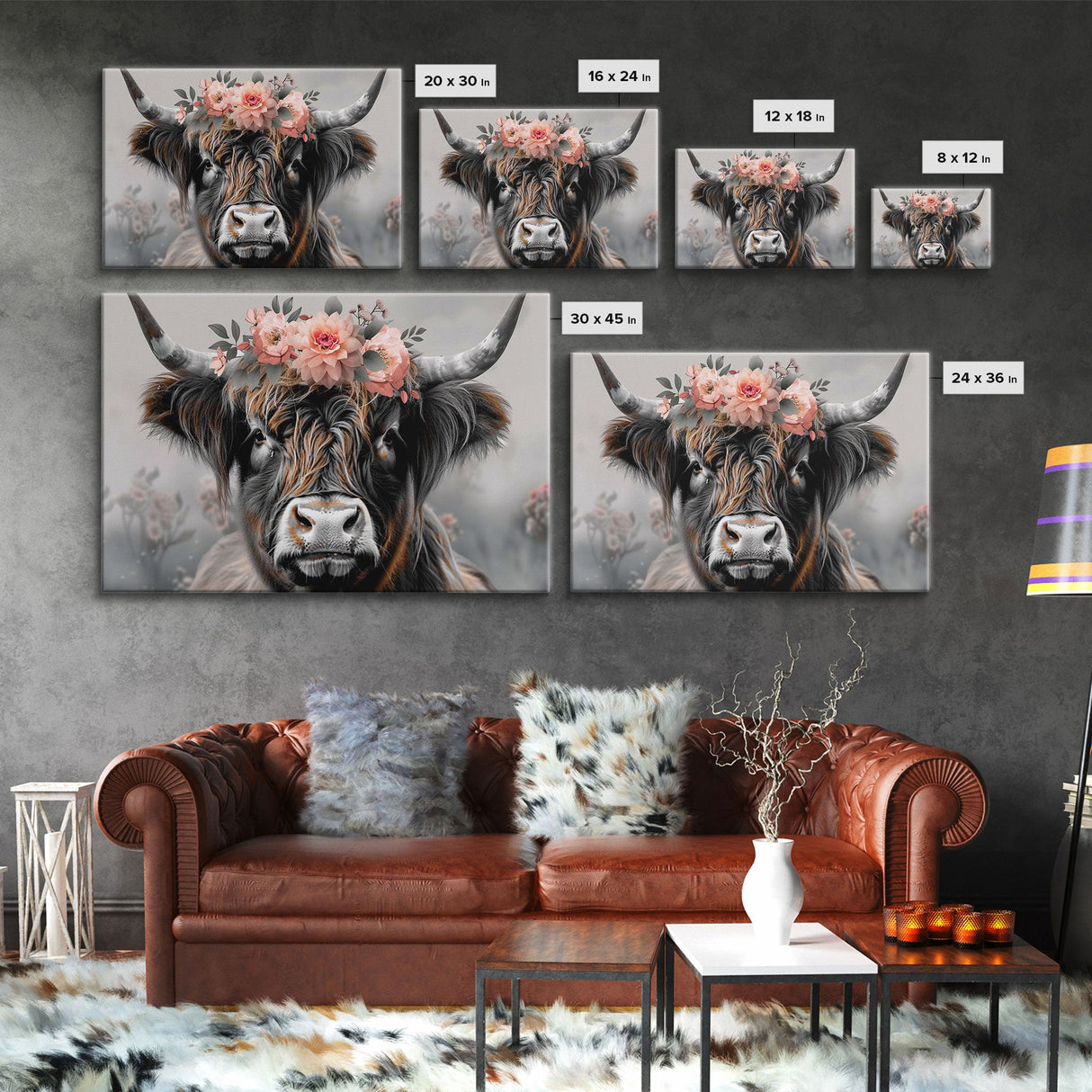 Framed Wall Art Texas Cattle, Wood Framed Canvas Print, Farmhouse Decor, Minimalist Rustic Farmhouse Painting, Vacation Home Decor, Western