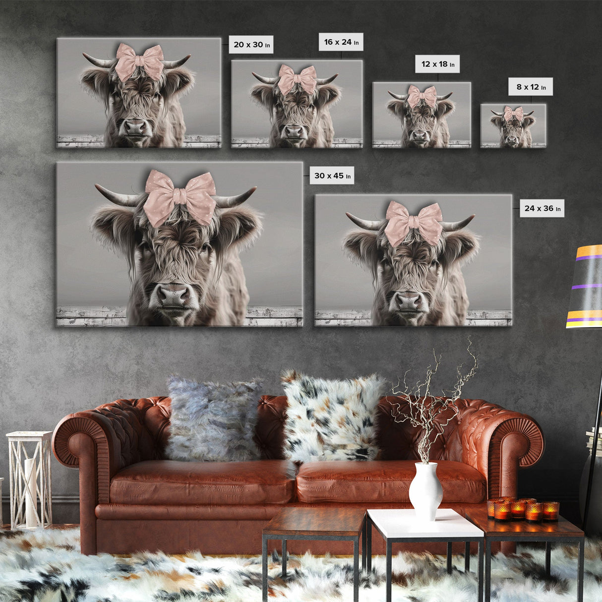 Framed Canvas Print, Cute Highland Cow Wearing A Pink Bowtie, Framed Wall Decor, Rustic Minimalist Farmhouse Decor, Western Art