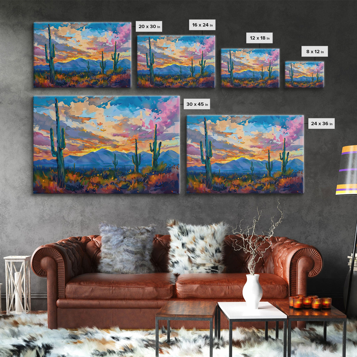 Cactus Under A Beautiful Sunset, Pop Art Style, Mid Century Modern Framed Canvas Print or Metal Art, Desert Scene Wall Art, Abstract Desert