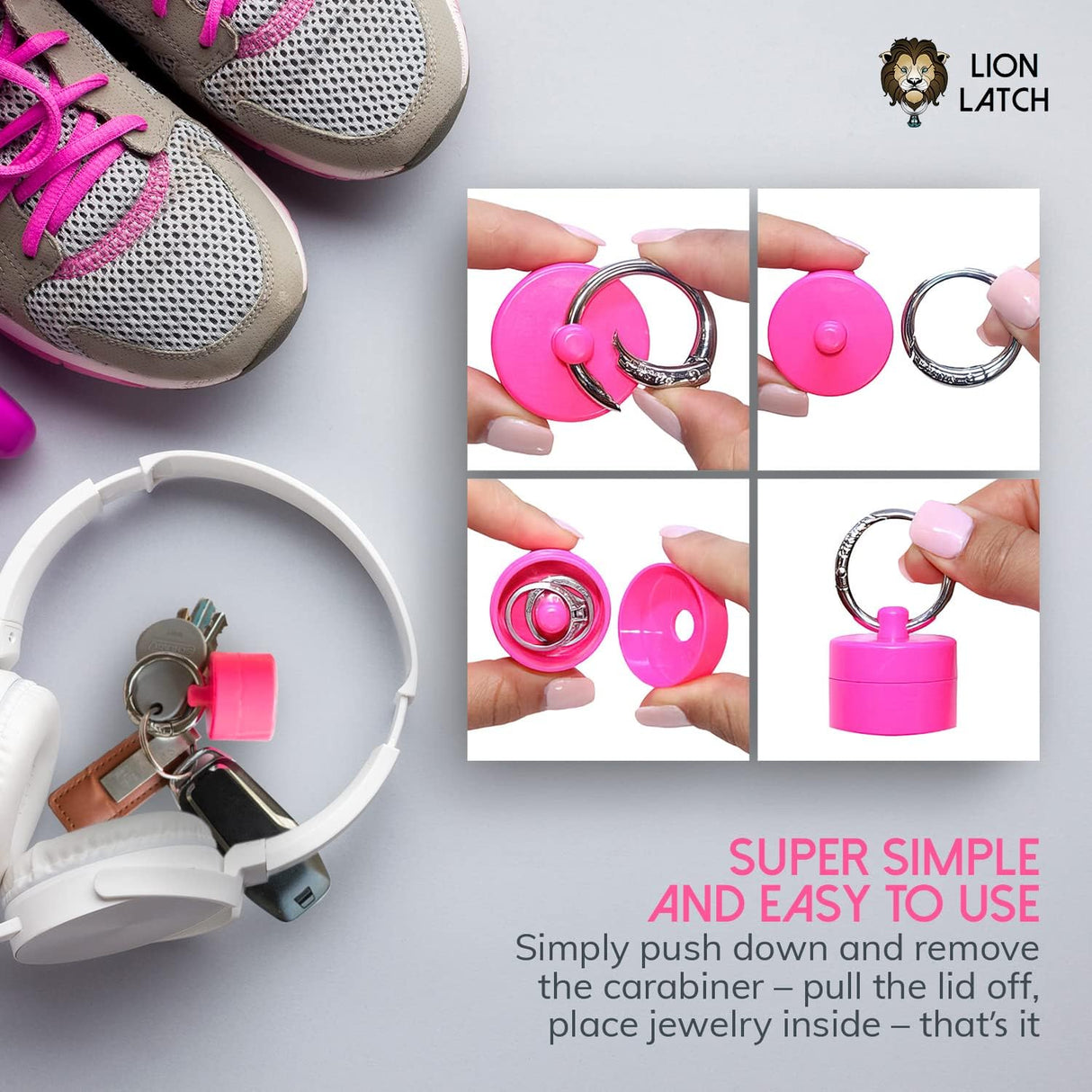 Lion Latch - Solid Colors: Traveling Jewelry Holder Storage, Pill Box Keychain Container. As Seen on Shark Tank.