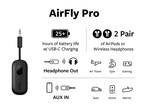 Airfly Pro - Conecte dos dispositivos listados y más - Adaptador inalámbrico para sus dispositivos portátiles
