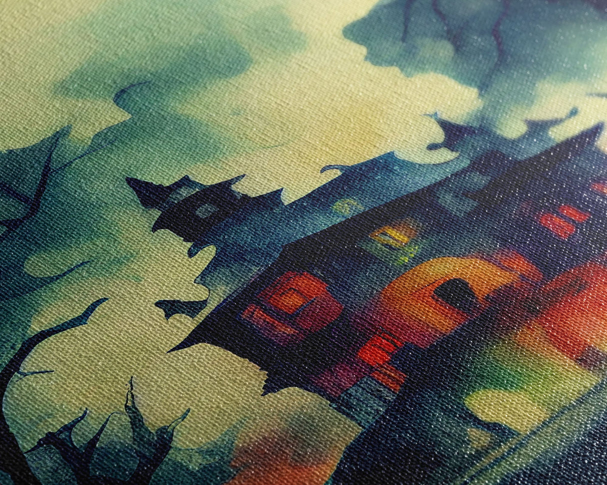 Spooky Watercolor of a Haunted House, Halloween Art, Framed Canvas Print, Ready To Hang Framed Wall Art, Living Room Wall Decor