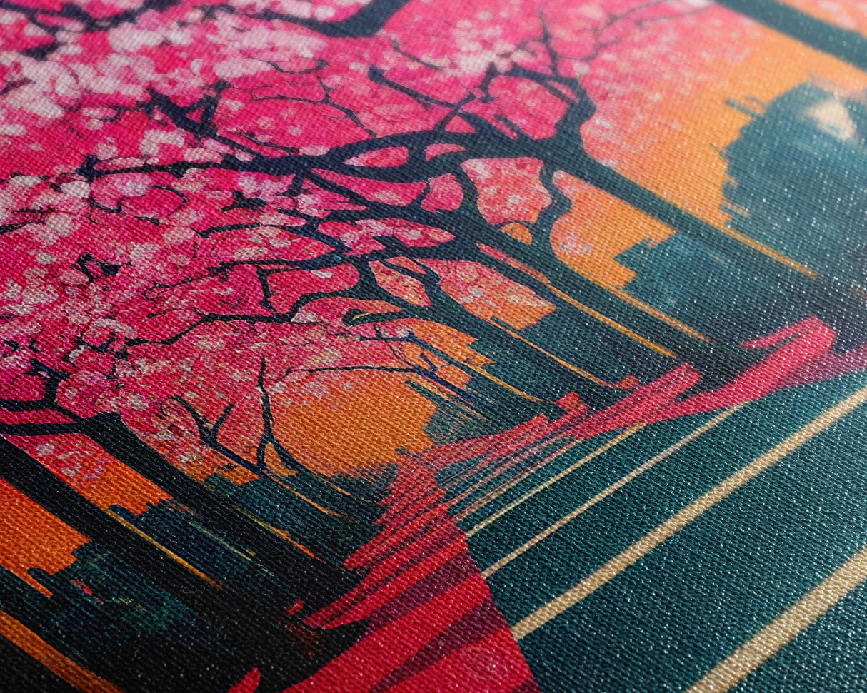 Street lined with Cherry Blossoms, Cherry Blossom Tree Art, Framed Canvas Print, Ready To Hang Wall Art, Framed Wall Art
