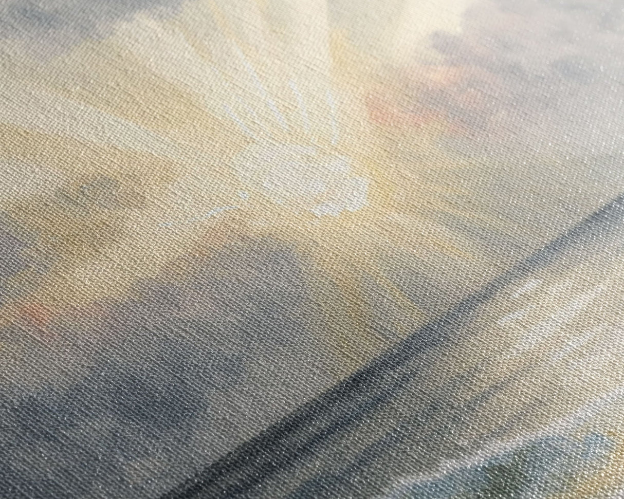 Whimsical Beach Sunset Art Watercolor, Framed Canvas Print, Panoramic Lakehouse Art, Light Pastels, Ultra Wide Format Above Bed Art