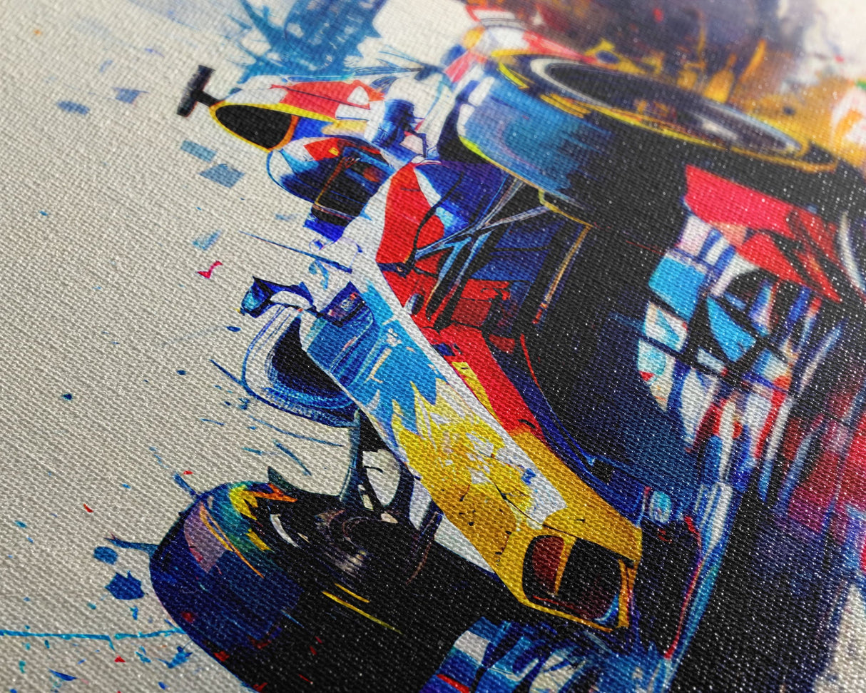Graffiti Art, Formula One, F1 Race Car Splatter Paint Art, Framed Canvas Print