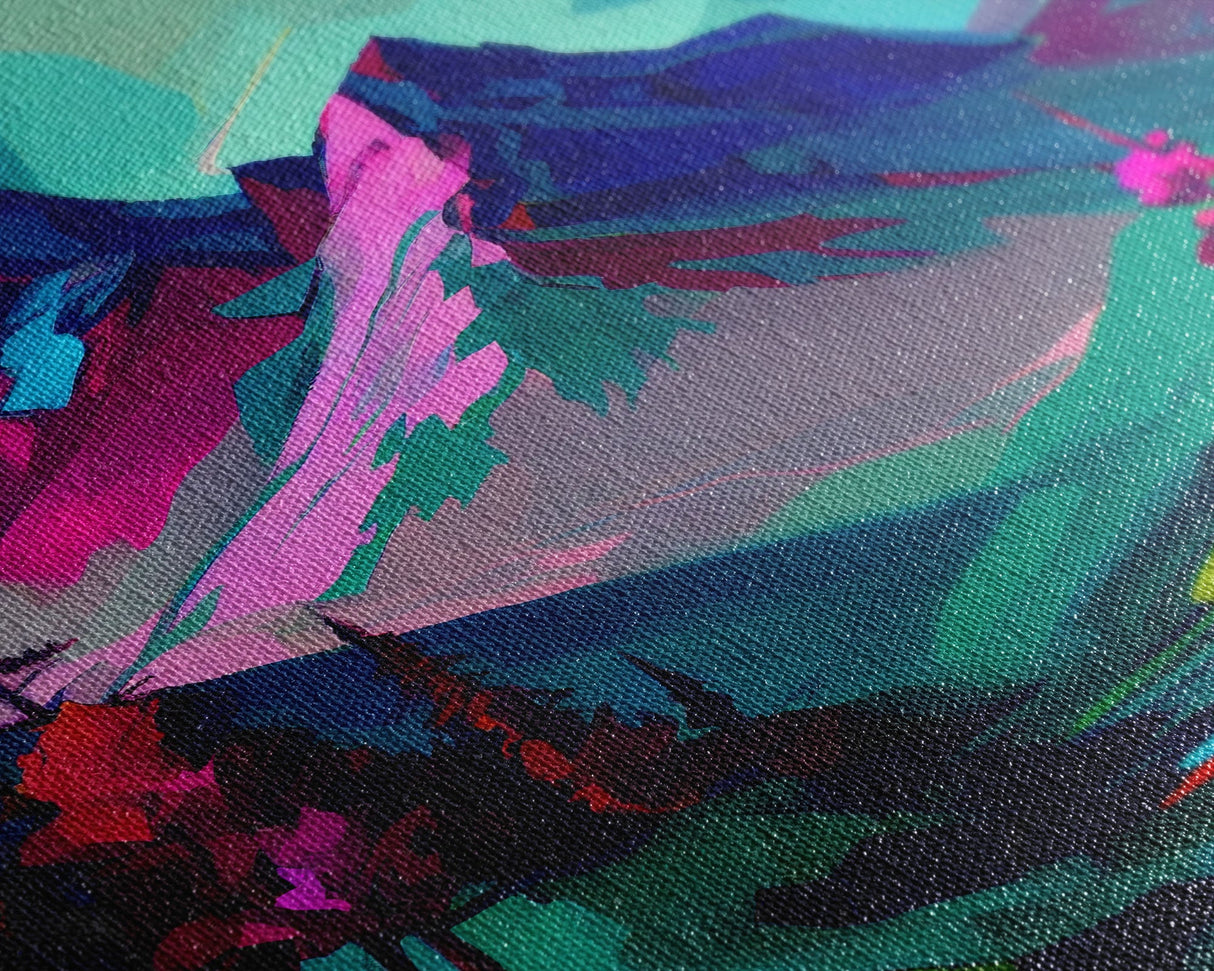 Vibrant Vaporwave Mountain Watercolor Wall Art Canvas Print - Colorful Nature Scene Artwork