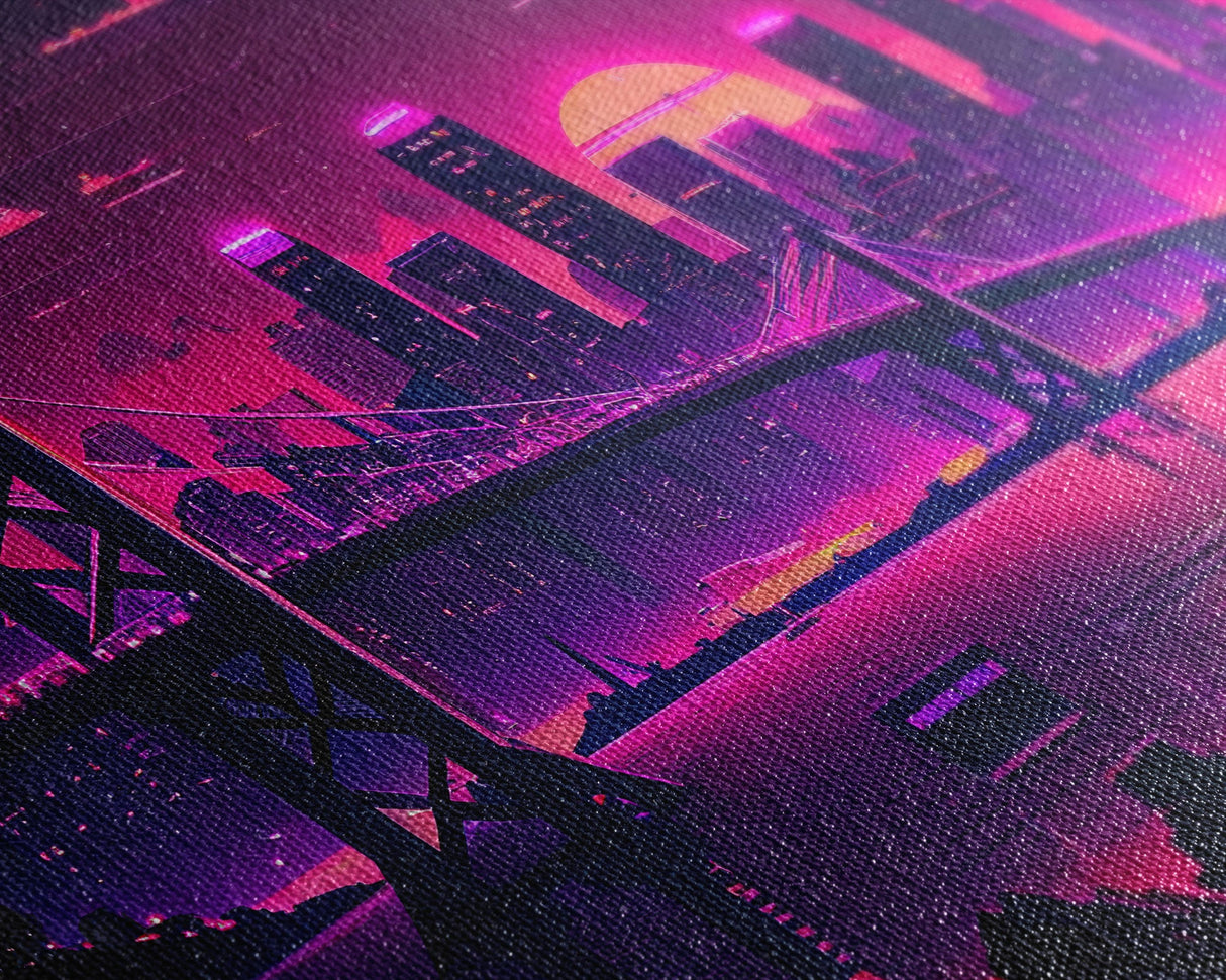 Cyberpunk San Francisco, Futuristic city skyline art, framed canvas print, Synthwave / vaporwave cityscape decor