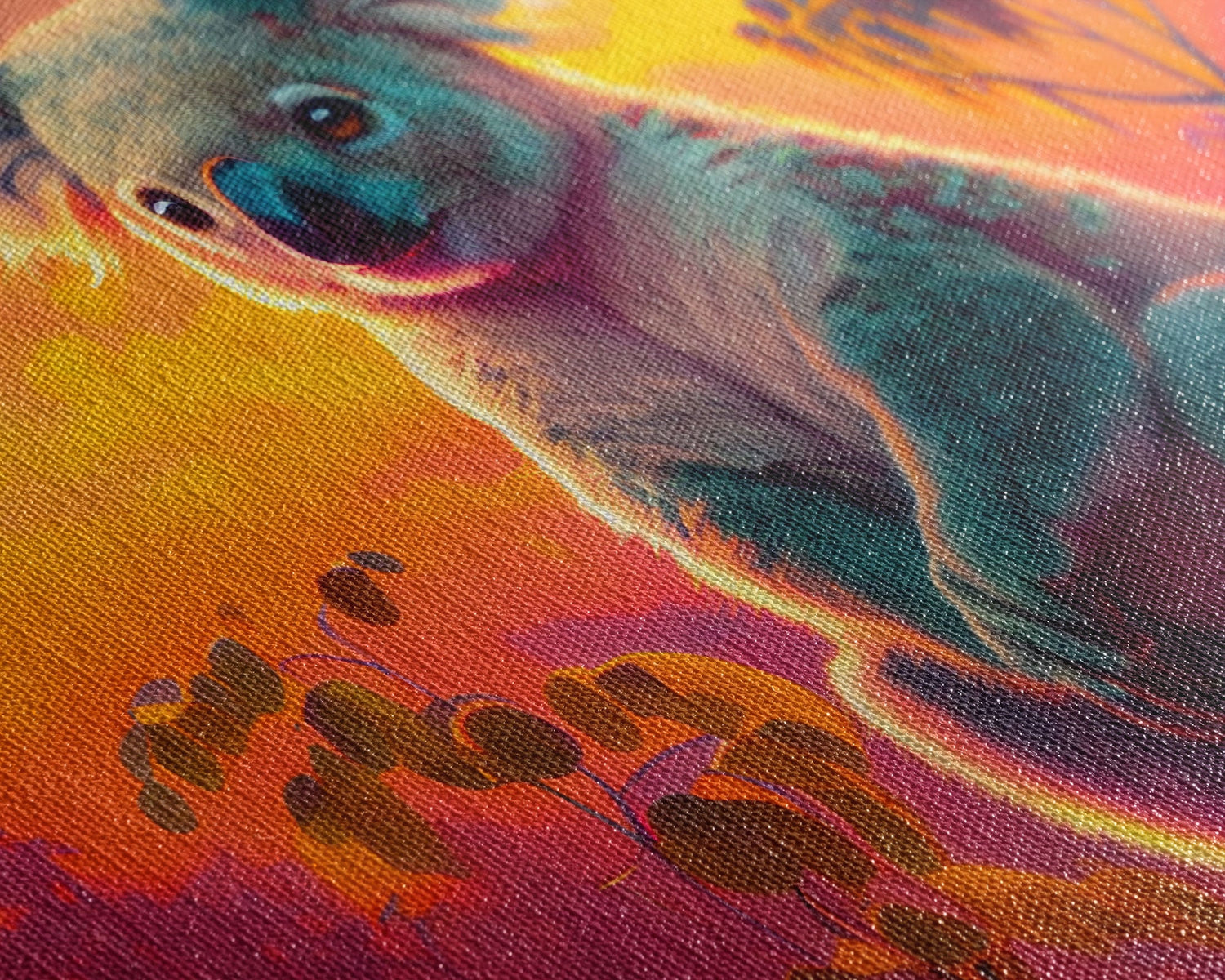 Cute Koala bear at sunset, vaporwave animal art, framed canvas print, framed wall art, ready to hang, synthwave art