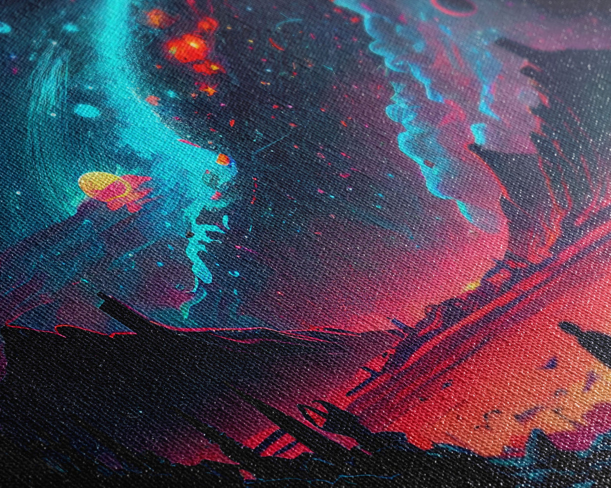 Strange new worlds among the stars, scifi retrowave art, framed canvas print, unique wall art