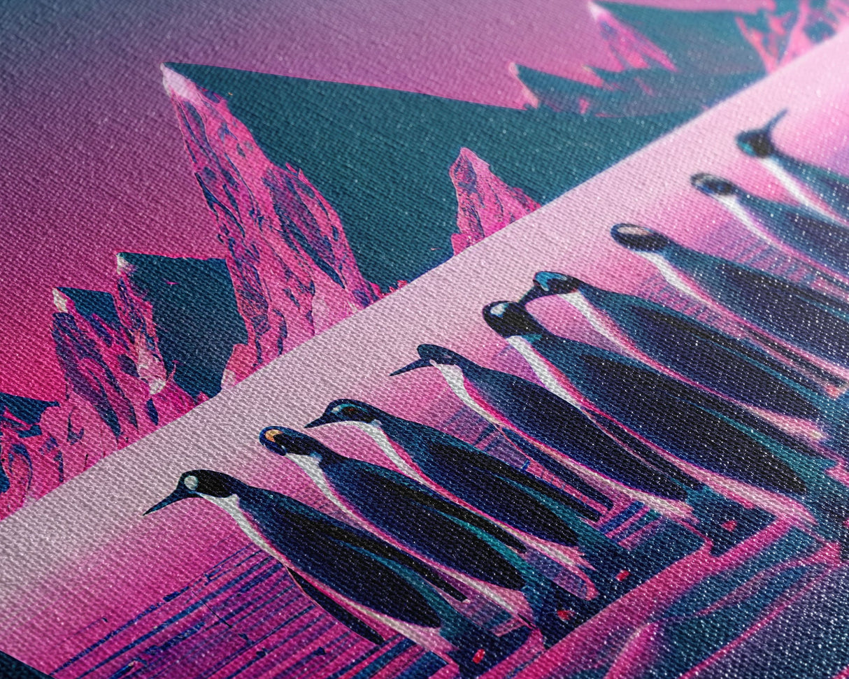 Penguins on the nice, cute animal prints, framed canvas print, synthwave / vaporwave art
