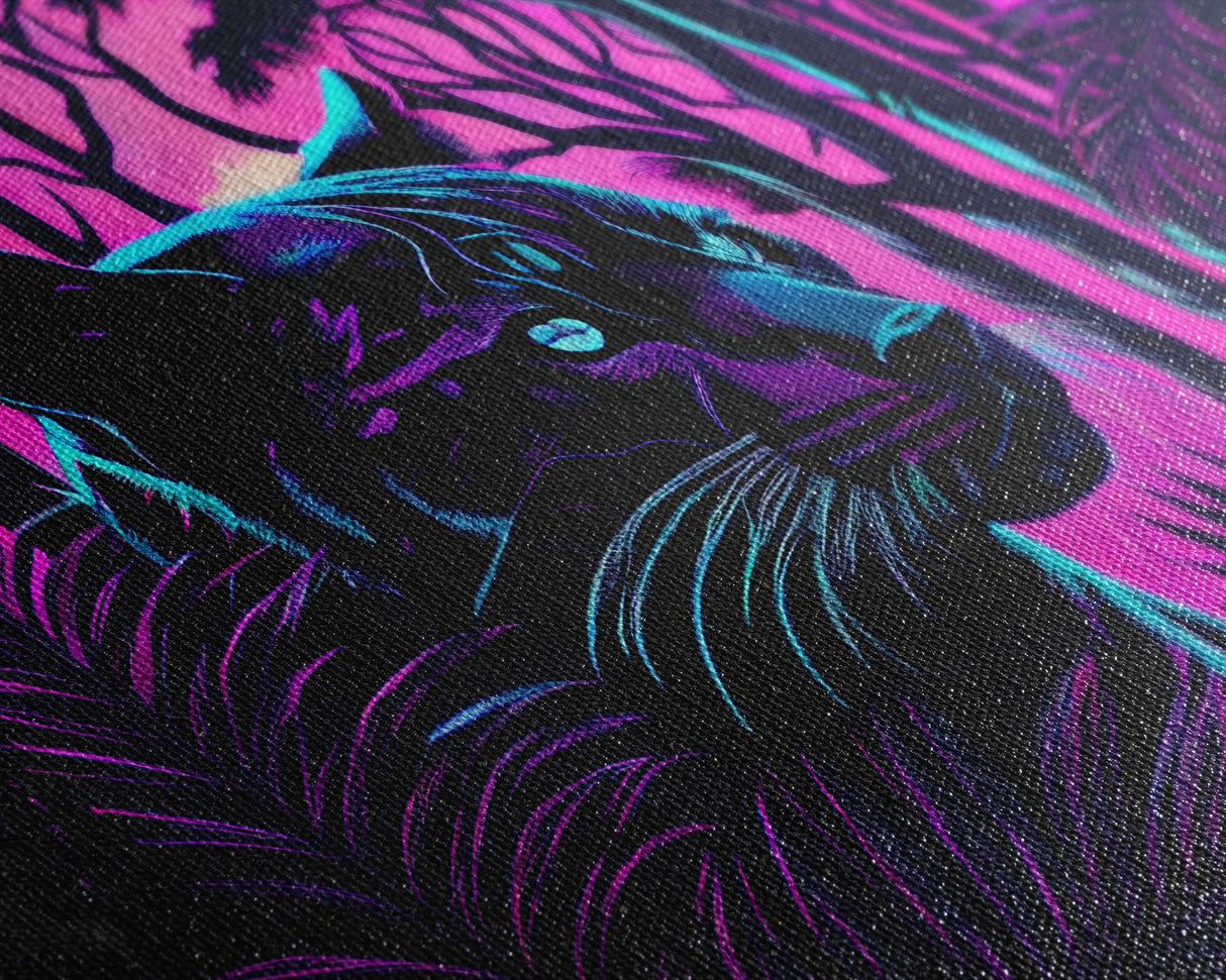 Vaporwave art, framed canvas print, Jungle Panther synthwave portrait