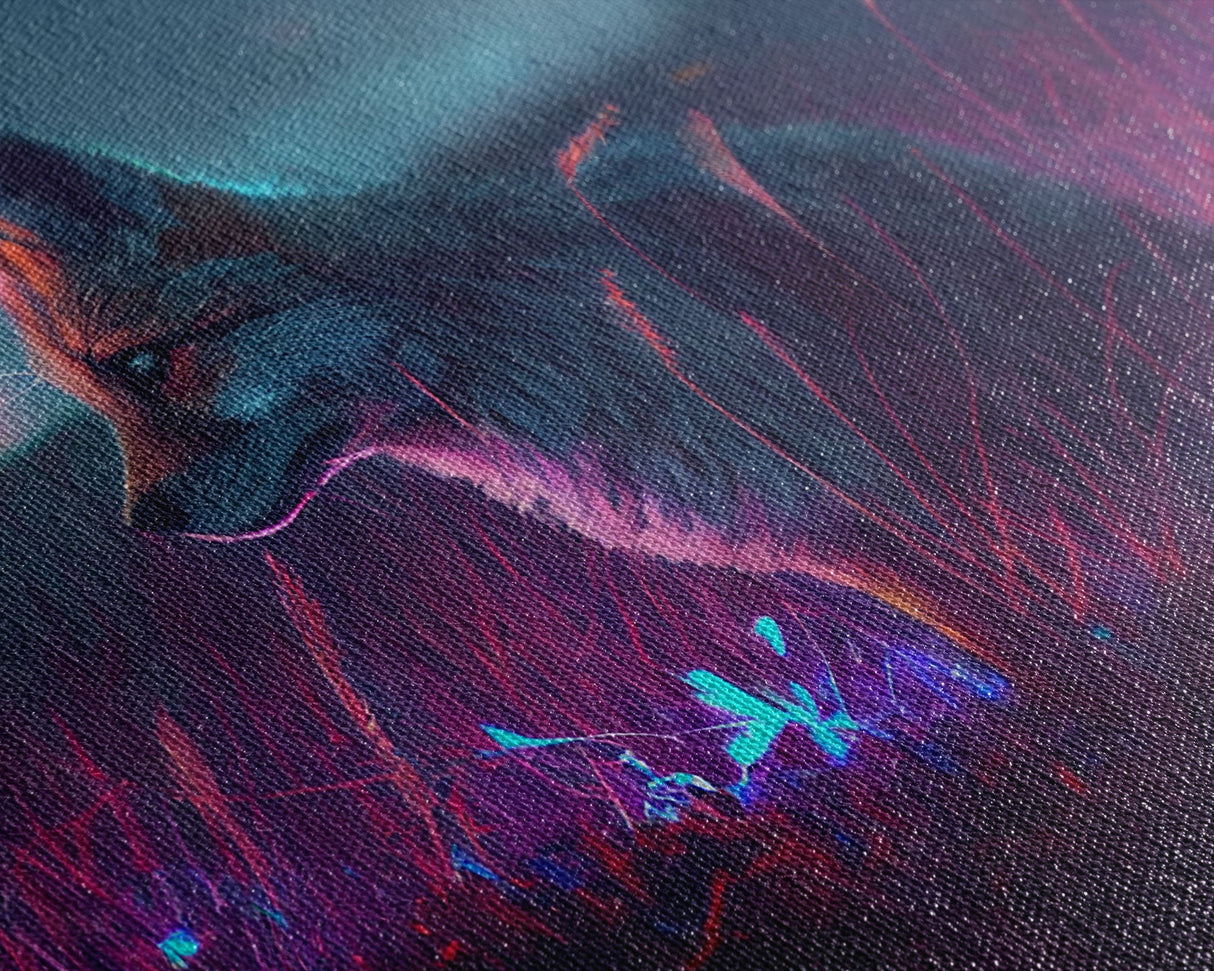 Cute animal prints, vaporwave fox hunting in the tall grass, framed canvas print