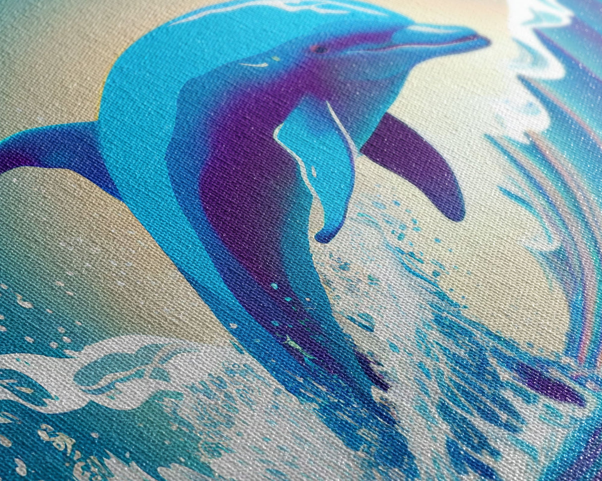 Dolphin riding a wave, cute animal prints, vaporwave animal art, framed canvas print