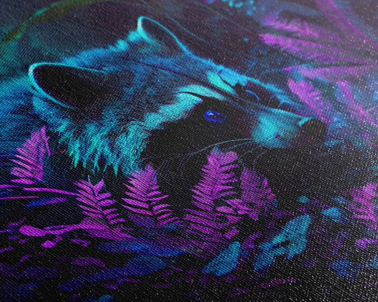 Trash panda art, Racoon in the jungle, vaporwave aesthetic animal art, framed canvas print