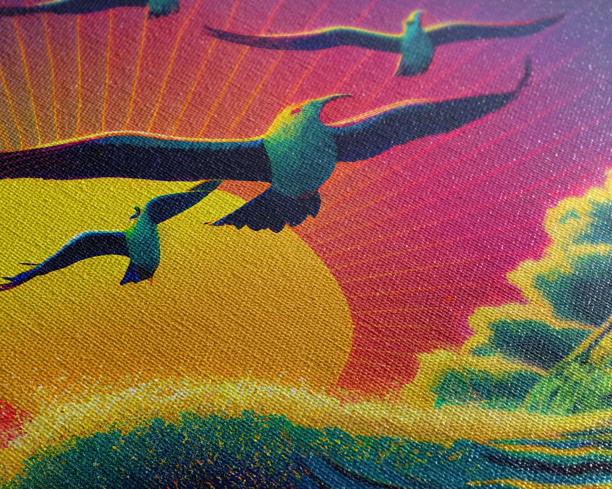 Flock of Seagulls, art deco style sun, framed canvas print, synthwave retrowave animal art