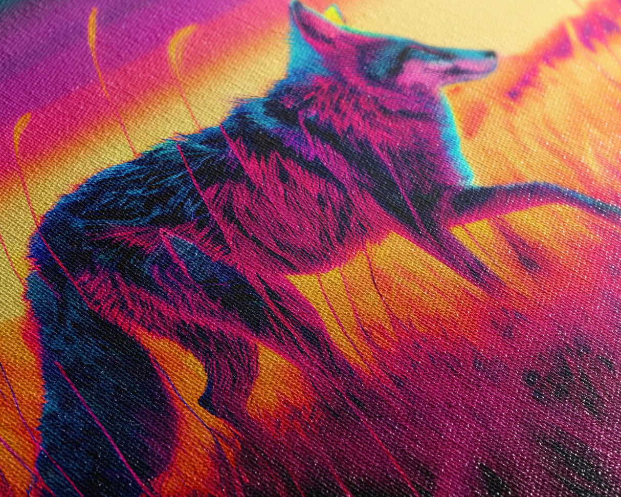 Cute fox in the tall grass, animal print, vaporwave framed canvas print, retrowave animal art