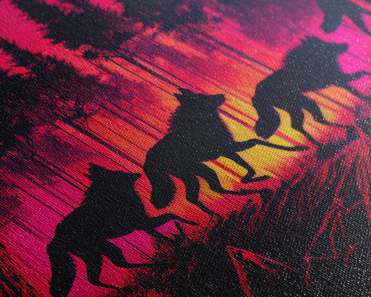 Wolf Pack on the hunt at sunset, synthwave animal art, framed canvas print