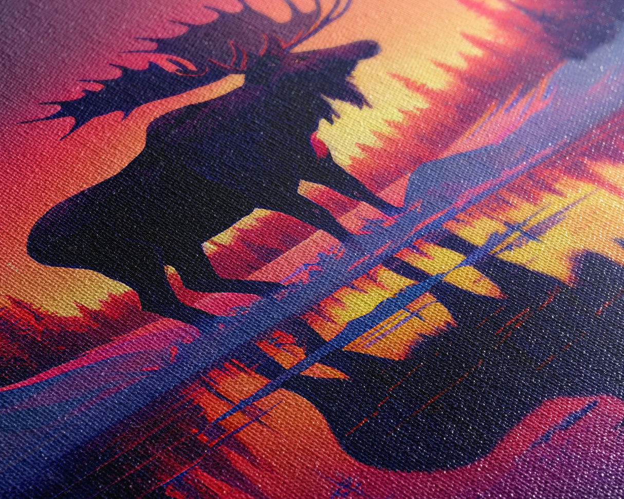 Moose of Canada, retrowave inspired Nature art, framed canvas print, cabin art, colorful farmhouse decor