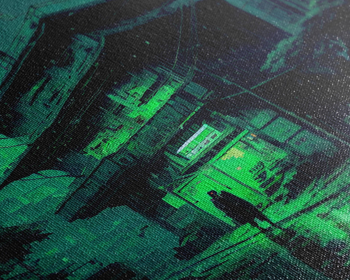 Cyberpunk Dystopian Emerald Green Town City Background Fine Art Print, Wall Decor, Wall Poster, Wall Art Print