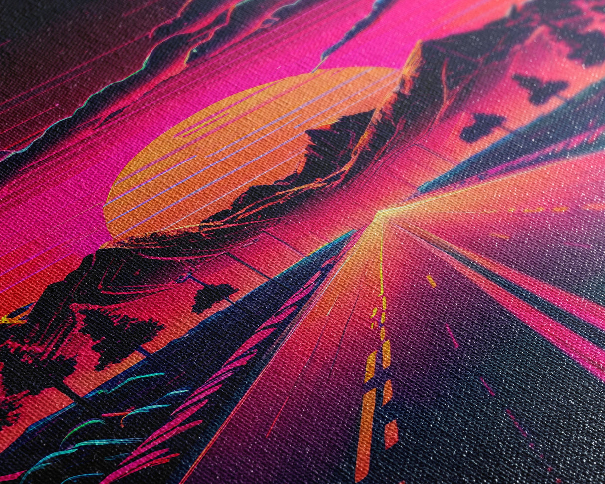 Outrun Sunset over the Arizona mountains, neon aesthetic art, framed canvas print