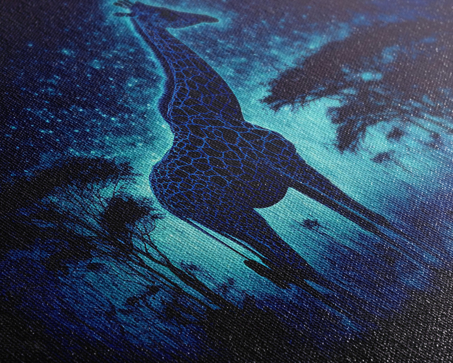 Surreal Giraffe Art, Wildlife Print, Animal Prints, framed canvas print, framed wall art, colorful turquoise night sky