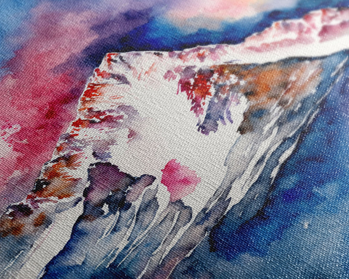Red, White and Blue Mountain Landscape Watercolor, Framed Canvas Print, Colorful Unique Wall Art