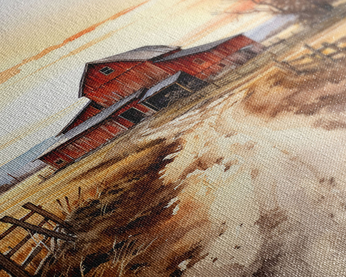 Sunset Over A Red Barn, Watercolor Painting Canvas Print, Country Poster Art, Framed Canvas, Country Roads, Rustic Farmhouse Decor