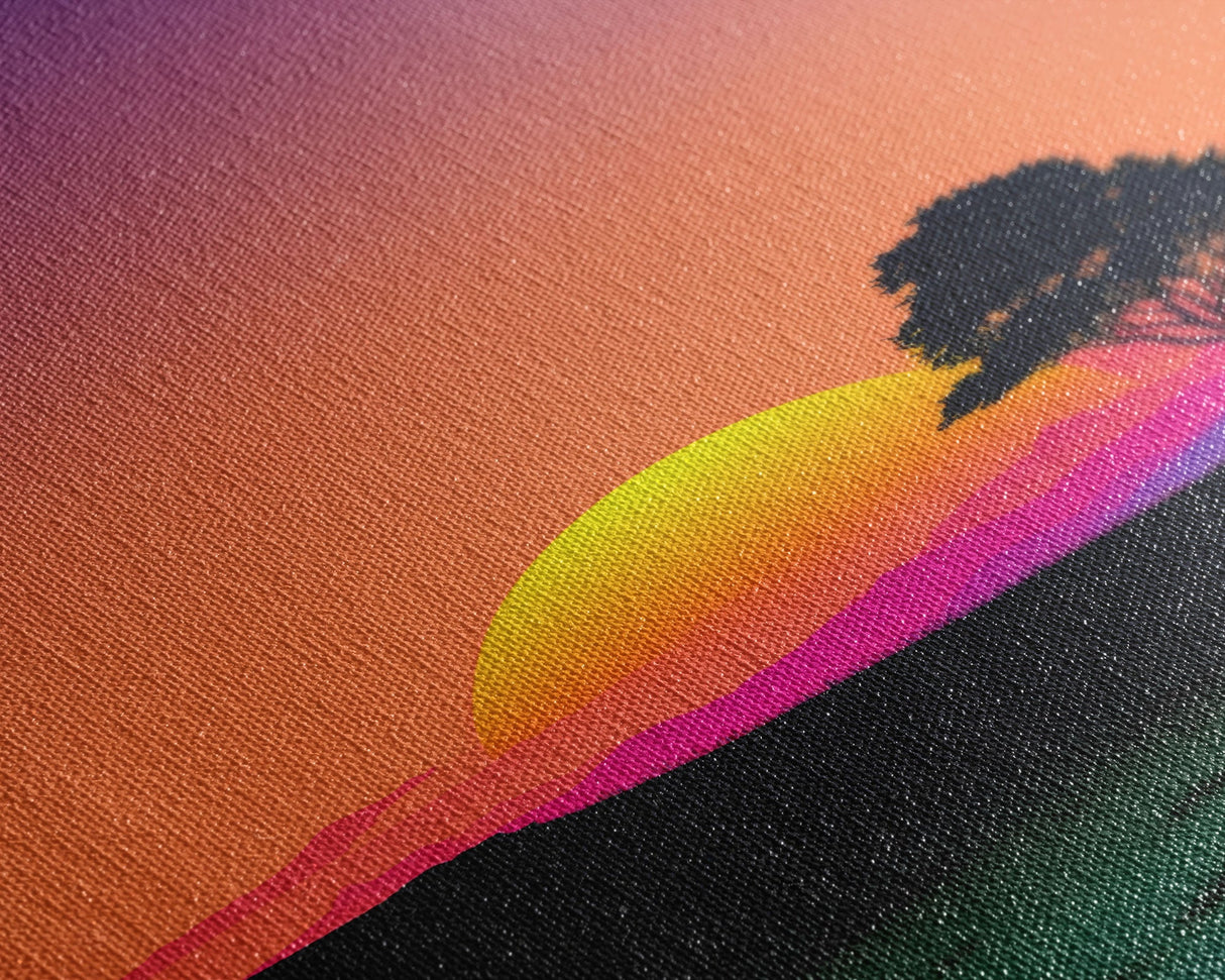 A Lone Tree in a Texas Field At Sunset, Retro Style MCM Art, Framed Canvas Print, Trendy Wall Prints, Landscape and Sunset Outrun Art