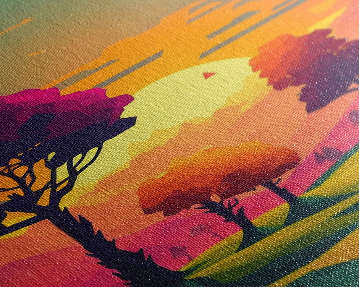 Retro Pop Art Landscape Art At Sunset, Framed Canvas Print, Outrun Style Trees and Sunset, Living Room Art