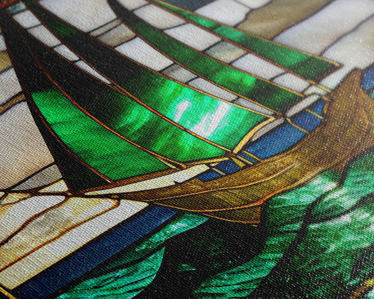 Emerald Green and Gold Art Deco Sail Boat, Framed Canvas Print, Retro MCM Style Wall Art, Midcentury Modern, Vintage Style, Stained Glass