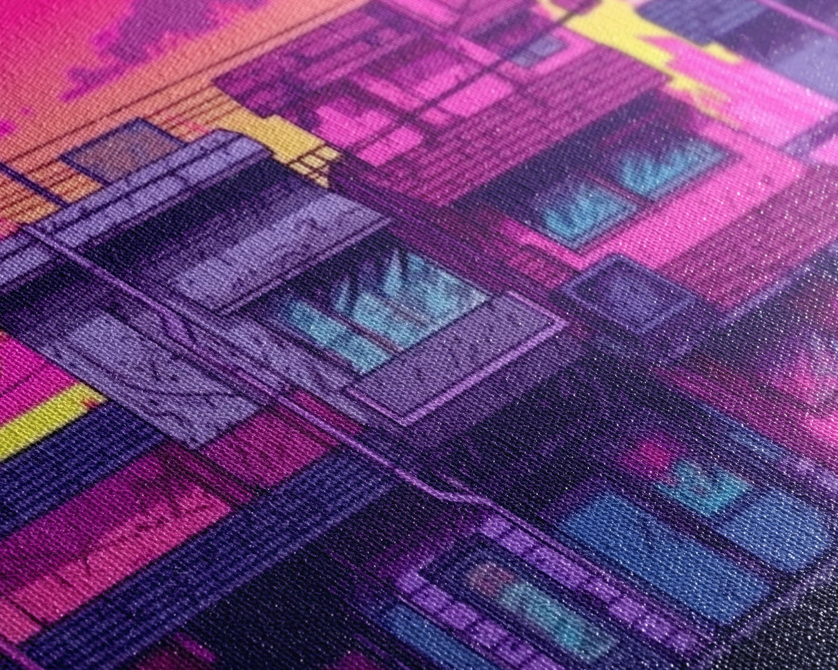 Neighborhood Wall Art - Framed Canvas Print - Original painting - Pop Art Style - Colorful painting - Synthwave Style - Pink colors