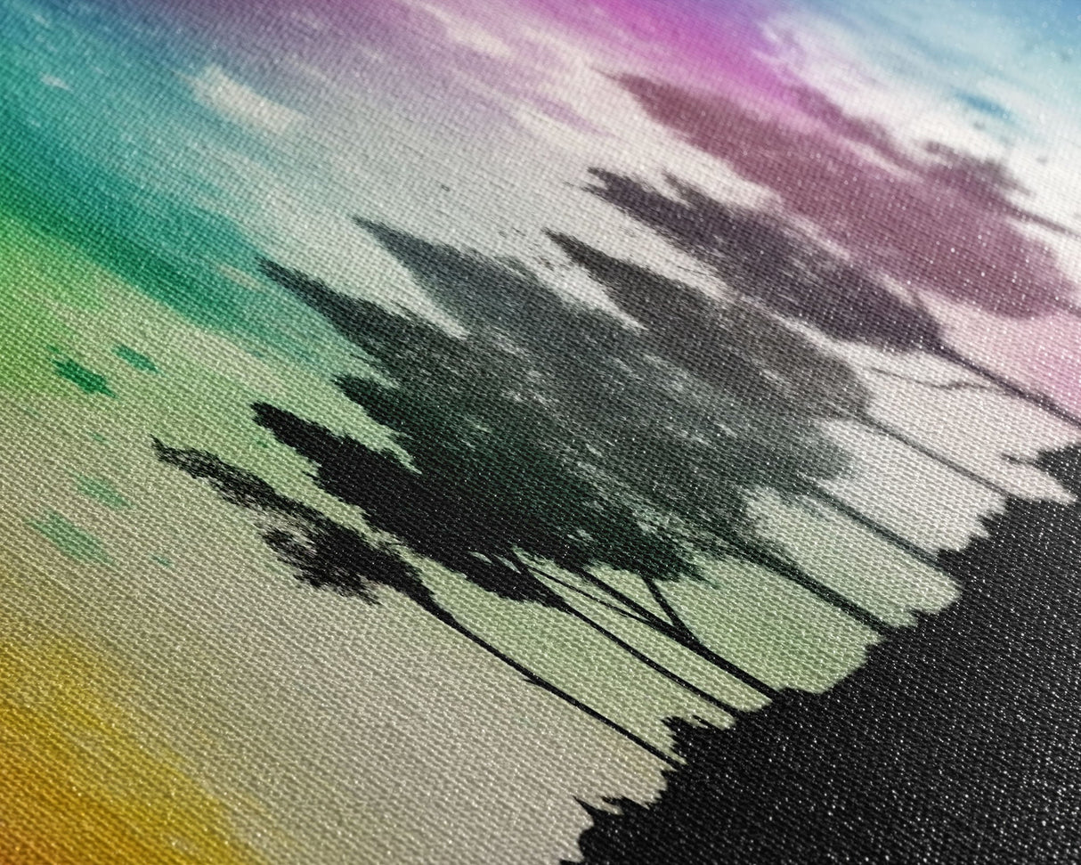 Large Abstract Art Print, Colorful Watercolor Sky, Silhouette Trees, Tie Die Sky, Framed Canvas Print, Panoramic, Wall Art, Canvas Print