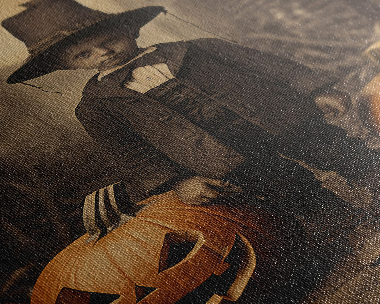 Spooky Victorian Tintype Photography, Framed Canvas Print, Halloween Art, Halloween Canvas, Pilgrim Boy and His Jack O' Lanterns