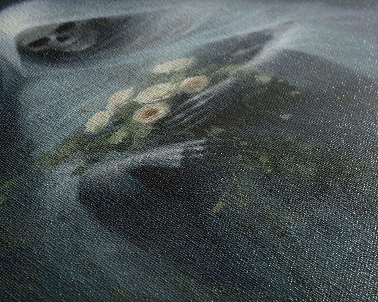 Grim Reaper Holding Flowers, Gothic Halloween Decor, Framed Canvas Print, Scary Horror Art, Goth Decor, Oil Painting, Dark Academia