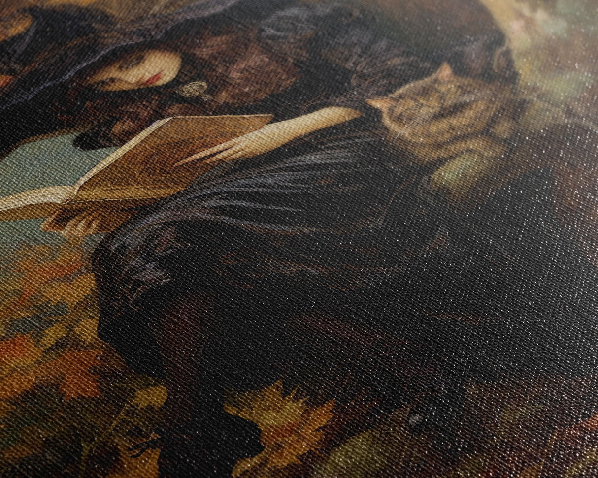 Pretty Witch Reading Spells To Her Black Cat Familiar, Vintage Halloween Art, Framed Canvas Print, Halloween Canvas Art, Witchcraft