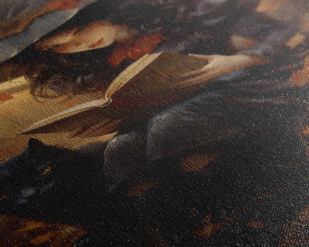 Cute Little Witch Reading Spells To Her Black Cat Familiar, Vintage Halloween Art, Framed Canvas Print, Halloween Canvas Art, Witchcraft