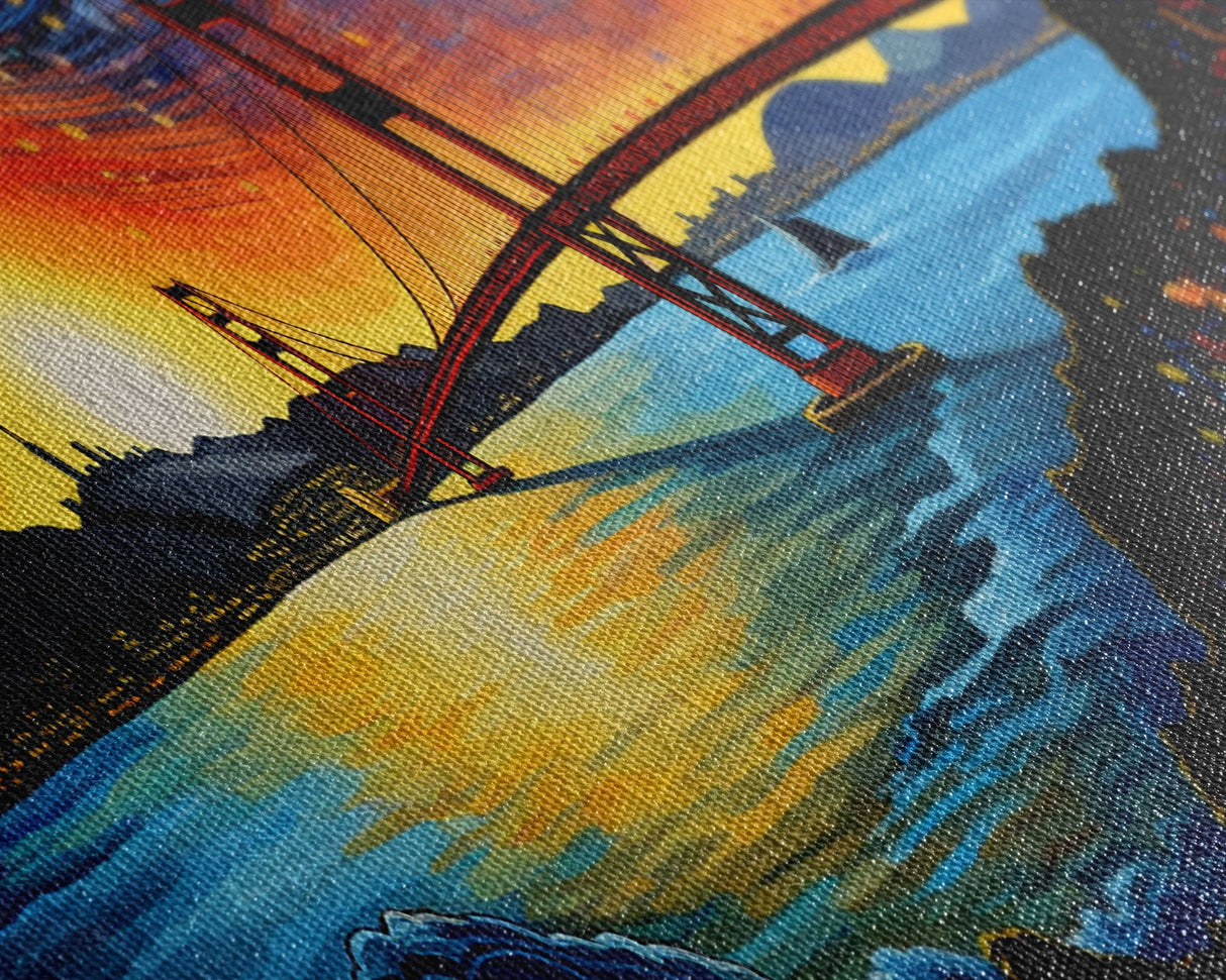 Golden Gate Bridge San Francisco Abstract Panoramic Framed Canvas Print, Van Gogh Inspired Original Painting, Colorful California Wall Art