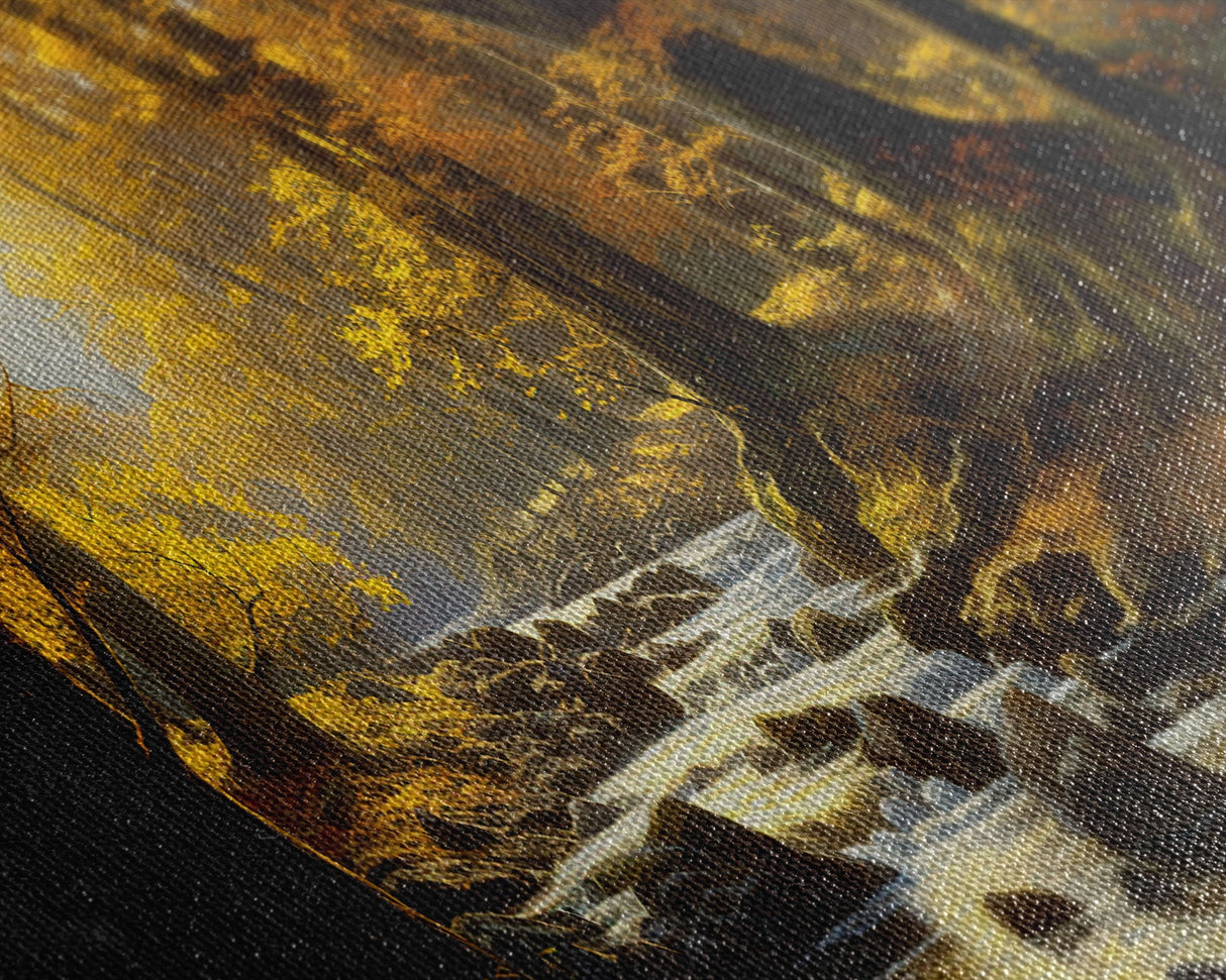 The Forest In The Autumn, Fall Centerpiece, Panoramic Painting Framed Canvas Print, Fall Decor, Orange Leaves Falling In The Forest