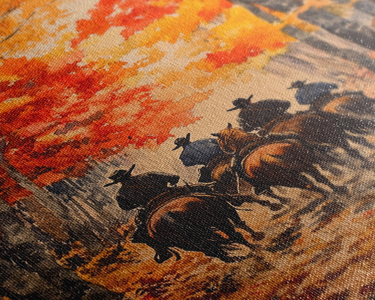 Cowboys Riding Into Town On Thanksgiving, Western Fall Decor, Framed Canvas Print, Autumn Outdoor Decor, Christmas poster
