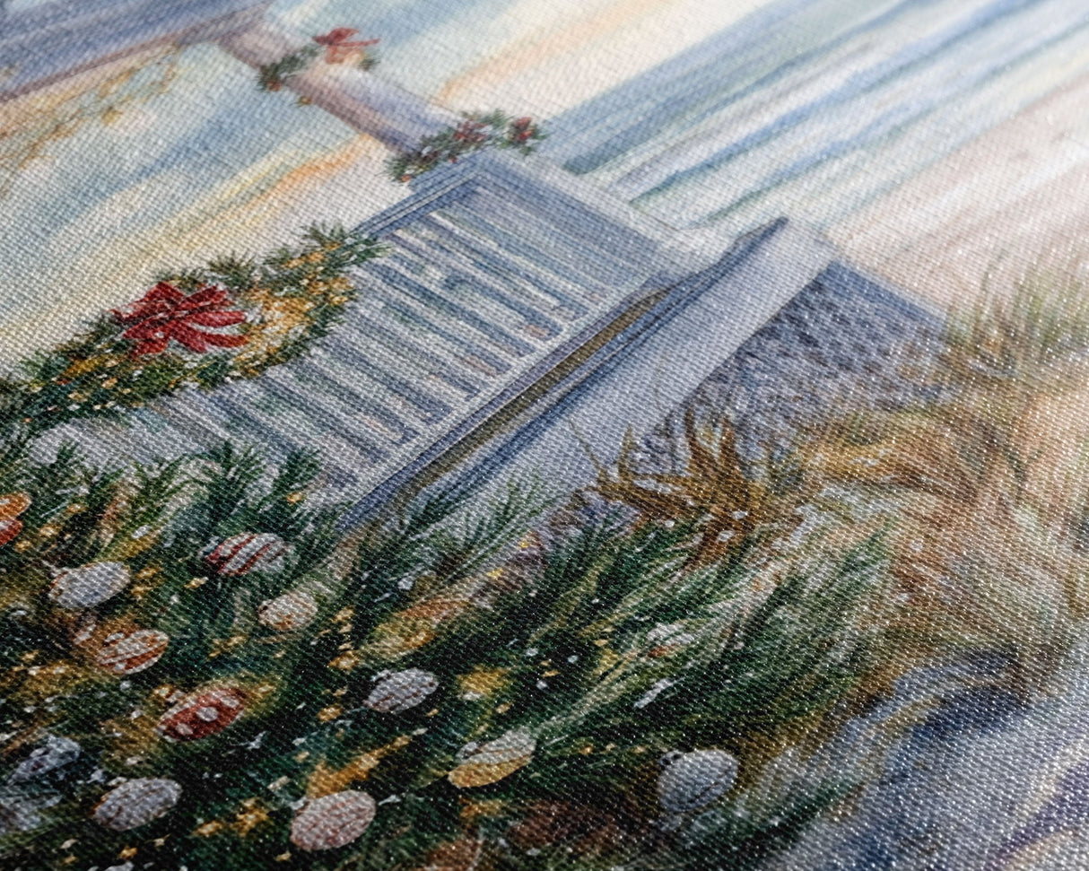 Coastal Christmas Tree Framed Canvas Print, Festive Holiday Decor Tree Beach and Ocean View, Nautical Wall Art Tropical Christmas Decor