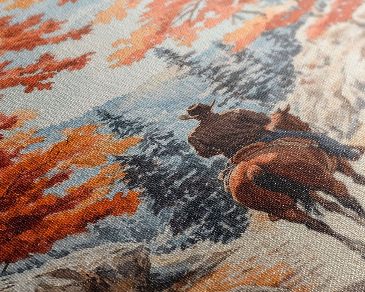 Cowboy riding through autumn forest, Framed Canvas Print, fall landscape wall art, western style decor for cozy homes, perfect gift idea