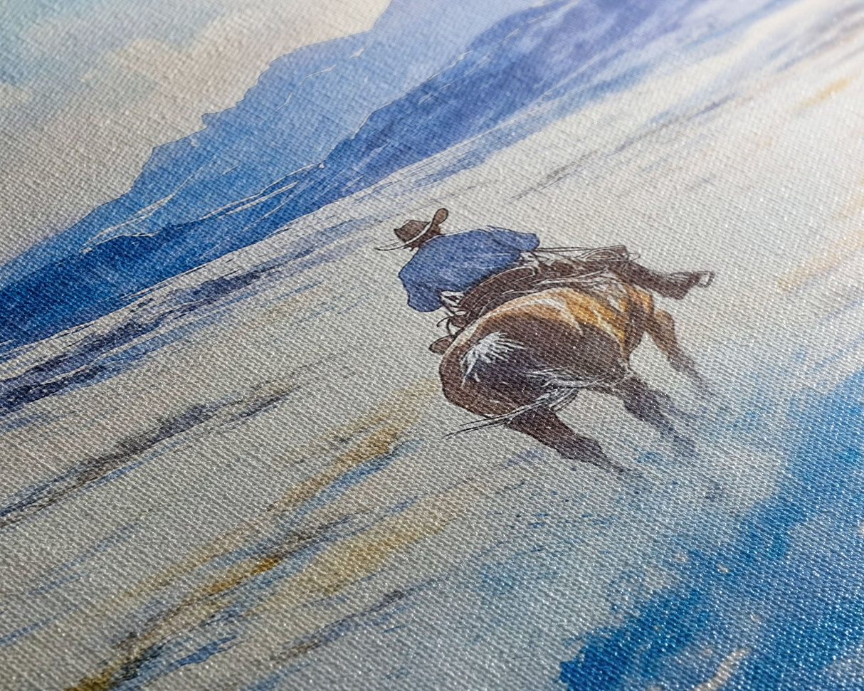 Cowboy riding through snowy mountain pass, Framed Canvas Print, western winter landscape wall art, farmhouse holiday decor Christmas gift