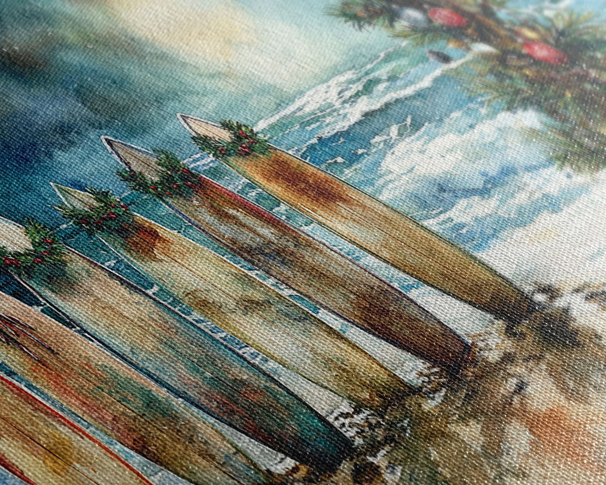 Canvas Print Surfboards and Christmas Tree at Beach, Tropical Christmas Decor, Beach Christmas Art, Coastal Holiday Wall Art