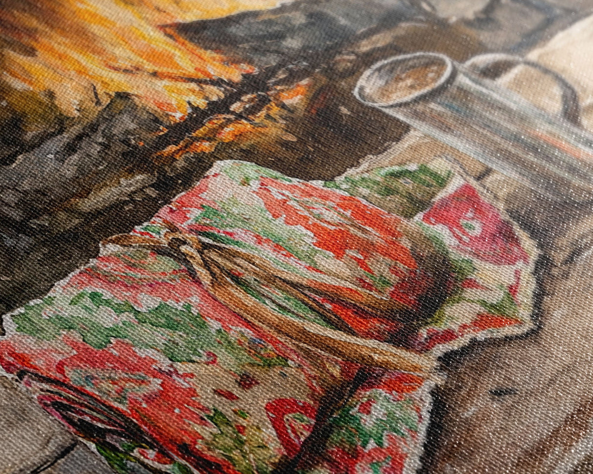 Canvas Print Cozy Fireplace with Christmas Blanket and Mug, Rustic Christmas Decor, Holiday Home Art, Warm Christmas Wall Art